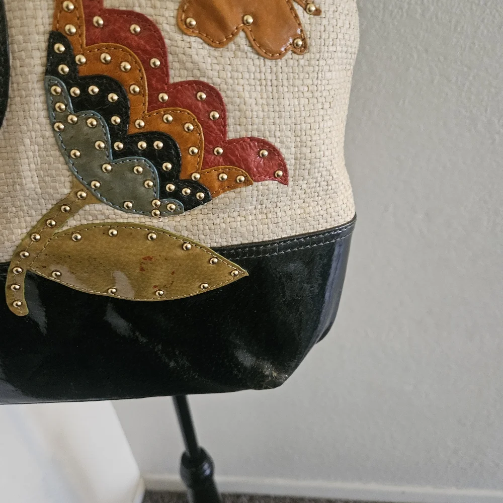 Tory Burch Cream Canvas Tote with Black Trim and Multicolor Butterfly Appliqués